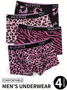 4 pcs men's printing leopard print flat cornered underwear, soft and comfortable, Suitable for daily home leisure, Breathable elastic fabric, Four season outfit matching, Breathable boxer briefs, Breathable Undergarments