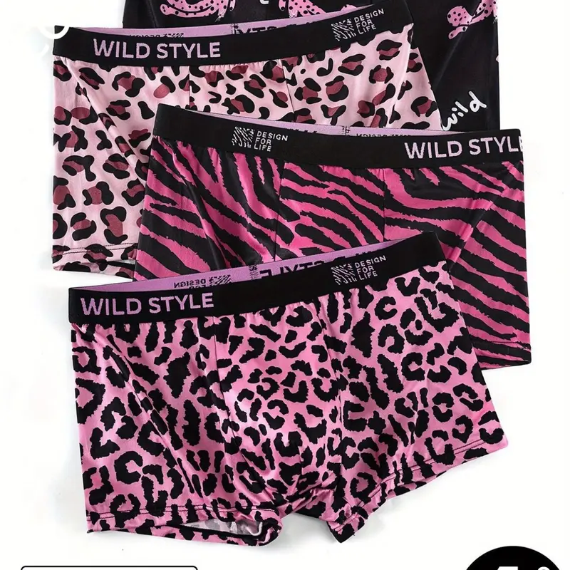 4 pcs men's printing leopard print flat cornered underwear, Casual Comfy Underwear, soft and comfortable, Suitable for daily home leisure, Breathable elastic fabric, Four season outfit matching, Breathable boxer briefs, Breathable Undergarments