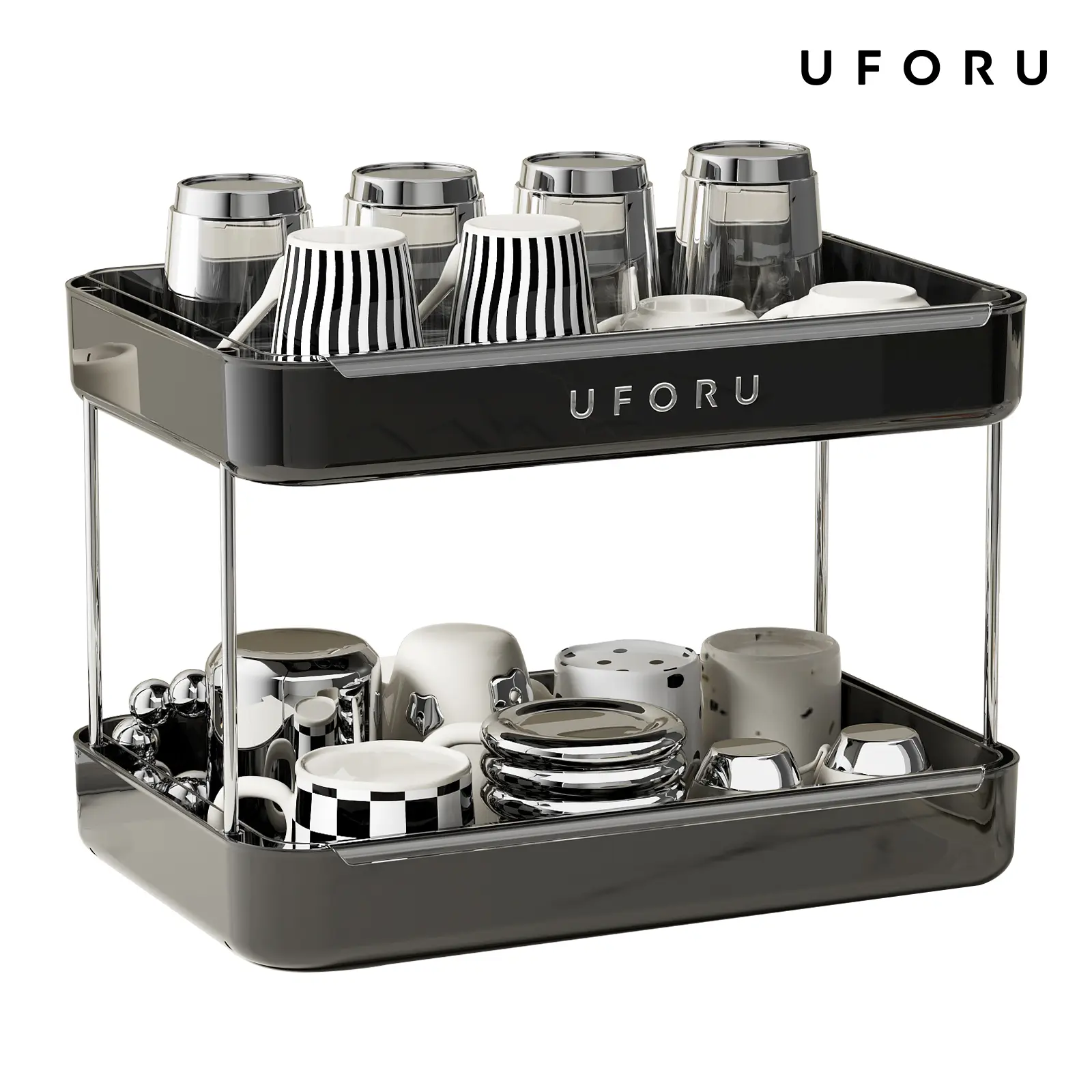 UFORU Vintage 2/3 Tier Cup Drying Rack with Drain Tray Multilayer Countertop Mug Storage Organizer Desktop Water Cup Stand for Kitchen White/Black/Green