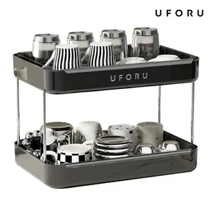 UFORU Vintage 2/3 Tier Cup Drying Rack with Drain Tray Multilayer Countertop Mug Storage Organizer Desktop Water Cup Stand for Kitchen White/Black/Green