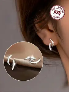 1 pai925 silver low-allergy earrings, Women's irregular geometric arc-shaped earrings with niche design and simple yet versatile high-end ear piercing accessories, suitable for couples, best friends, daily weddings, banquets, beach vacations, Ramadan Moth