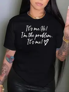 Plus Size Letter & Heart Print Round Neck Tee, Fashion Casual Crew Neck Short Sleeve T-shirt for Daily Outdoor Wear, Women Plus Clothing Top for Summer