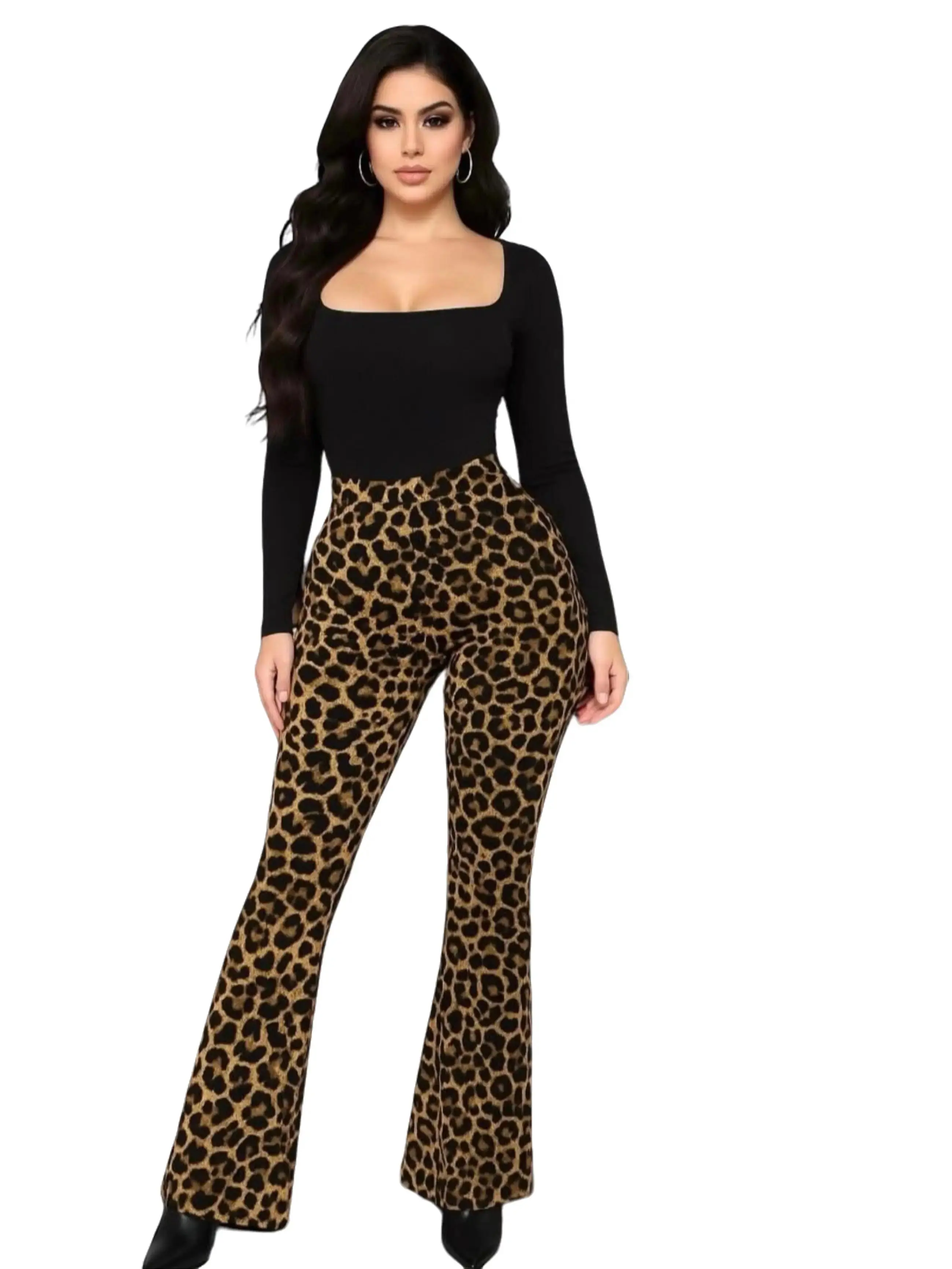 Leopard Luxe Fleece Flare Maxi Pants for Women High Waist Wide Leg Fashionable Winter Wear Cozy Fleece Material Ideal for Versatile Outfits