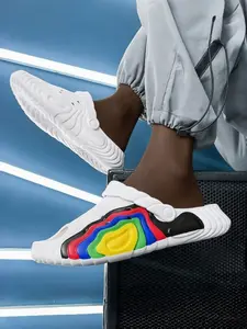 Unisex Rainbow Trendy Slides Color Block Wavy Upper Cozy Lining Lightweight Breathable Dual-wear Anti-slip For Street And Home
