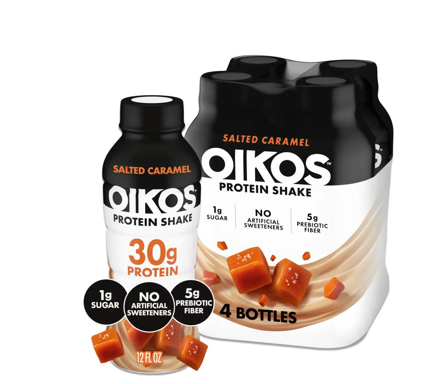 Oikos Protein Shake, Shelf Stable, Salted Caramel, 30g Protein, 12 fl oz, 4 Count​ Bottles