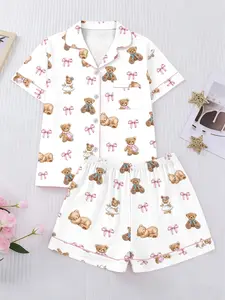 Women's Short Sleeve Sleepwear Set, Pajama Set, Casual Lapel Design, Elastic Waist Pants, Sweet Bear Print, Comfortable Night Sleepwear, All Seasons