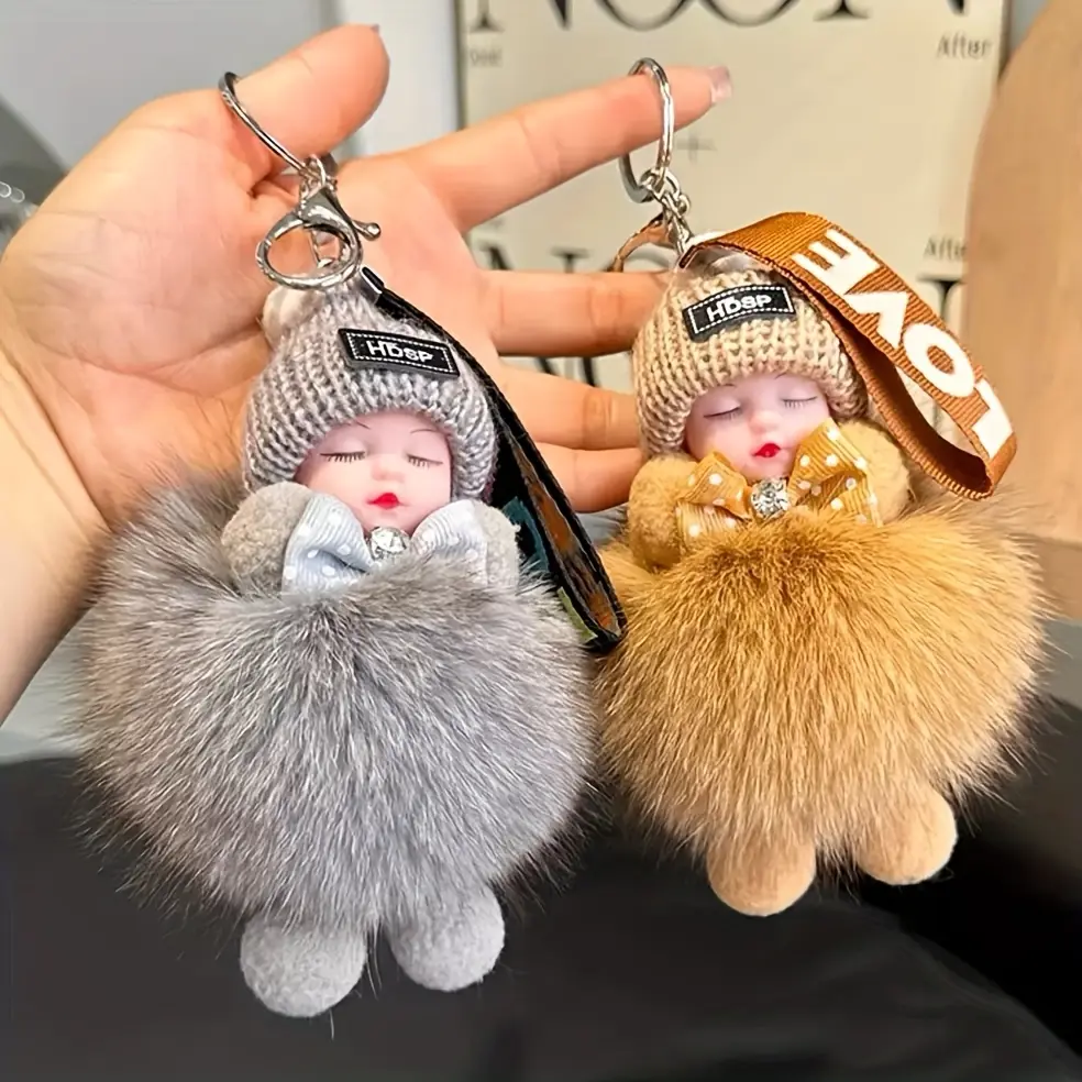 Women's Fashion Cartoon Doll Keychain with Faux Fur, Alloy Round Shape, Nylon & Stainless Steel Buckle, 1pc Bag/Car Decoration, Valentine's Day Gift
