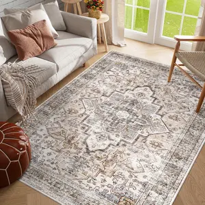 Bohemian Beige Washable Rugs Ultra Soft Area Rugs Non Slip Retro Rugs Foldable Living Room And Bedroom Rugs