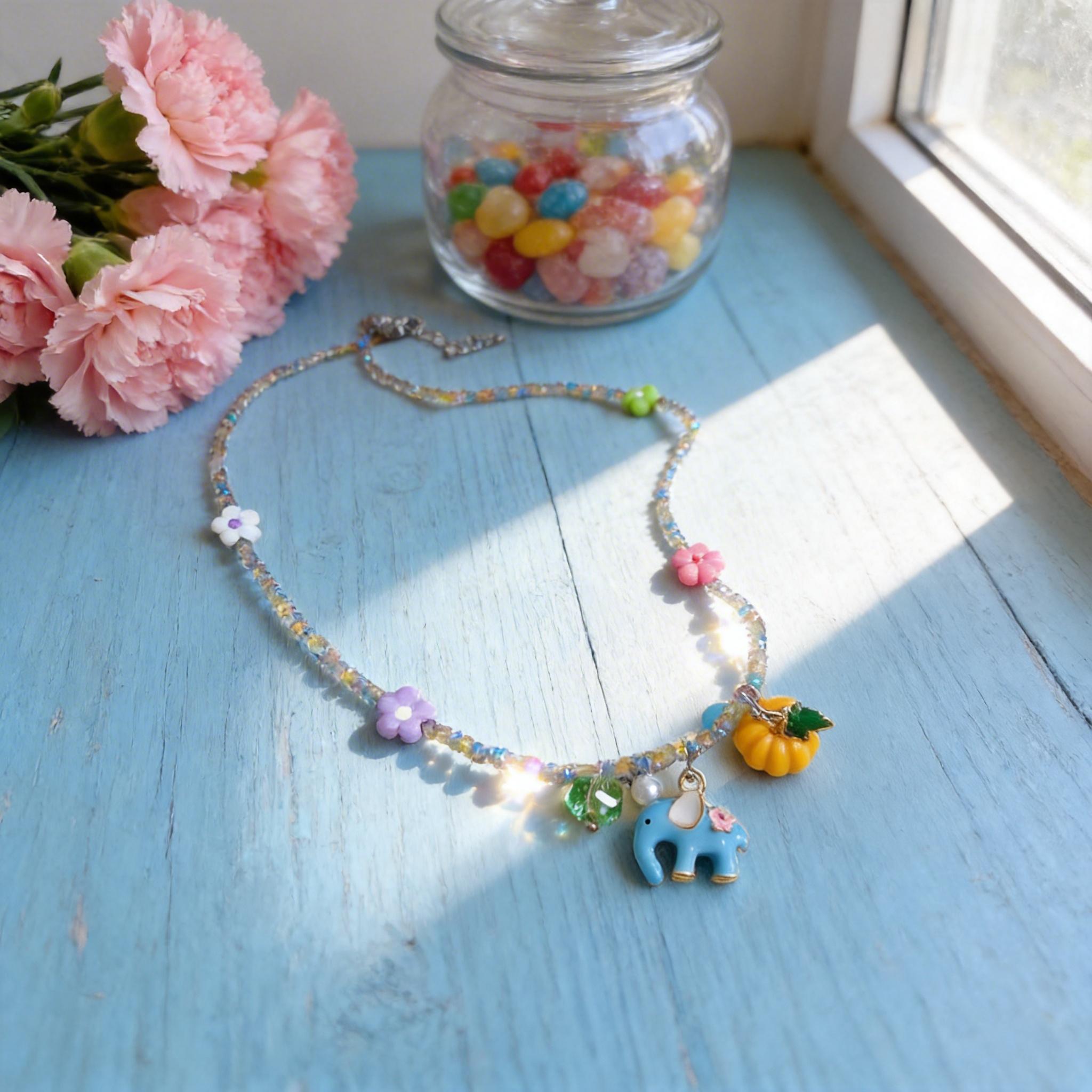 Hypoallergenic Cute Blue Elephant Pumpkin Pendant Necklace, Colorful Beaded Flower Choker for Girls, Sweet Gift for Daughter, Niece, Best Friend, Ideal for Summer, Holiday, Party & Everyday Wear