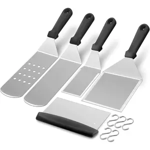 Griddle Accessories Kit of 5, Heavy Duty Metal Spatula, Professional Stainless Steel Flat Top Griddle Tools Set, Pancake Flipper/Griddle Scraper/Hamburger Turner for BBQ Grilling Cast Iron