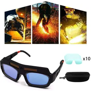 1 Set Black Solar Auto Darkening Welding Goggles with 10 Replacement Lenses & 1 Container, Safety Protective Welding Glasses Mask Helmet, Anti-glare Goggles