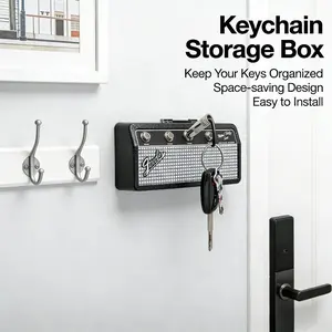 Vintage Guitar Amplifier Key Hook Rack with 4 Plug-in Keyrings, Self Adhesive No Drill Key Storage Box, Decorative Wall Mount Key Organizer for Entryway, Home, Office, Music Fan Gift, Easy Installation, No Nails, Includes All Mounting Accessories