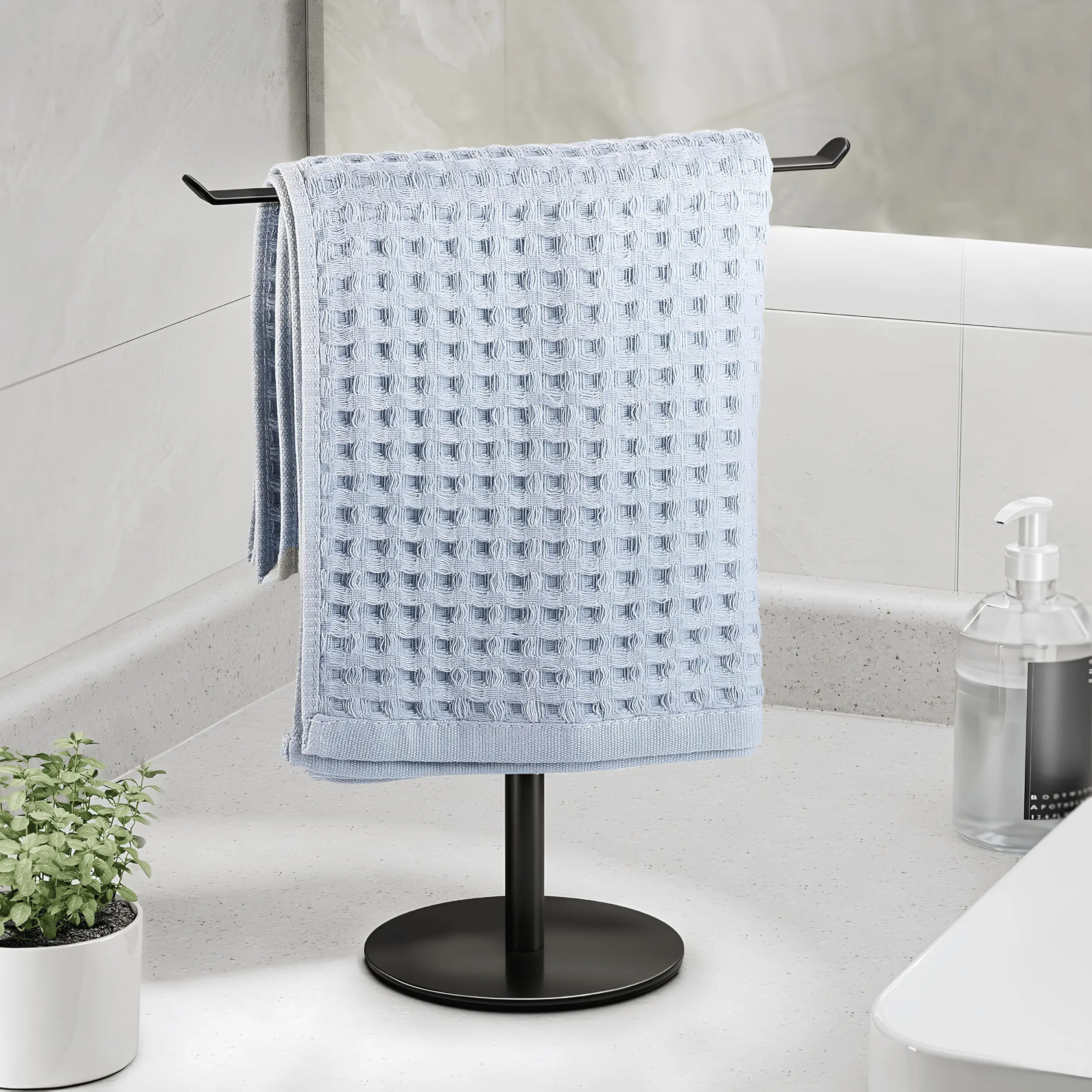 Black Hand Towel Holder Stand T-Shaped Stainless Steel Countertop Towel Rack for Bathroom & Kitchen, Freestanding Hand Towel Organizer, Waterproof Space Saving Holder for Washcloths, Face Towels, Headbands & Small Items