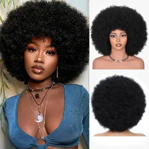Afro Wigs for Black Women 70s Afro Kinky Curly Wig with Bangs Bouncy Huge Fluffy Puff Wigs Synthetic Hair for Cosplay Daily and Party