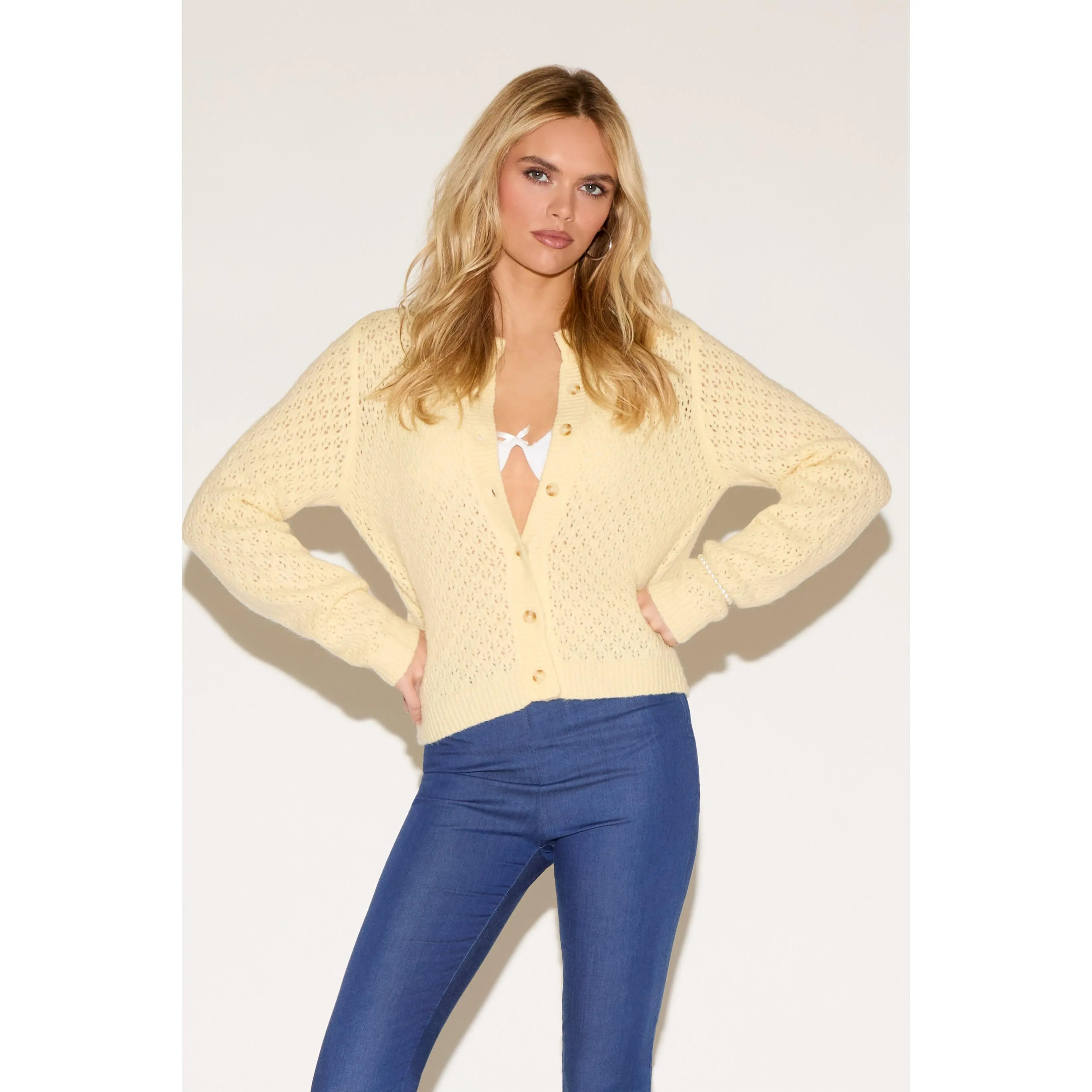 OPEN EYELET KNIT BUTTON UP CARDIGAN