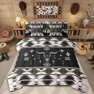 Western Bull Skull Bedding Set 7 Piece Boho Southwestern Aztec Sheet Sets Men,Ethnic American Native Comforter Set Farmhouse Rustic Tribal Bed in A Bag,Black Grey