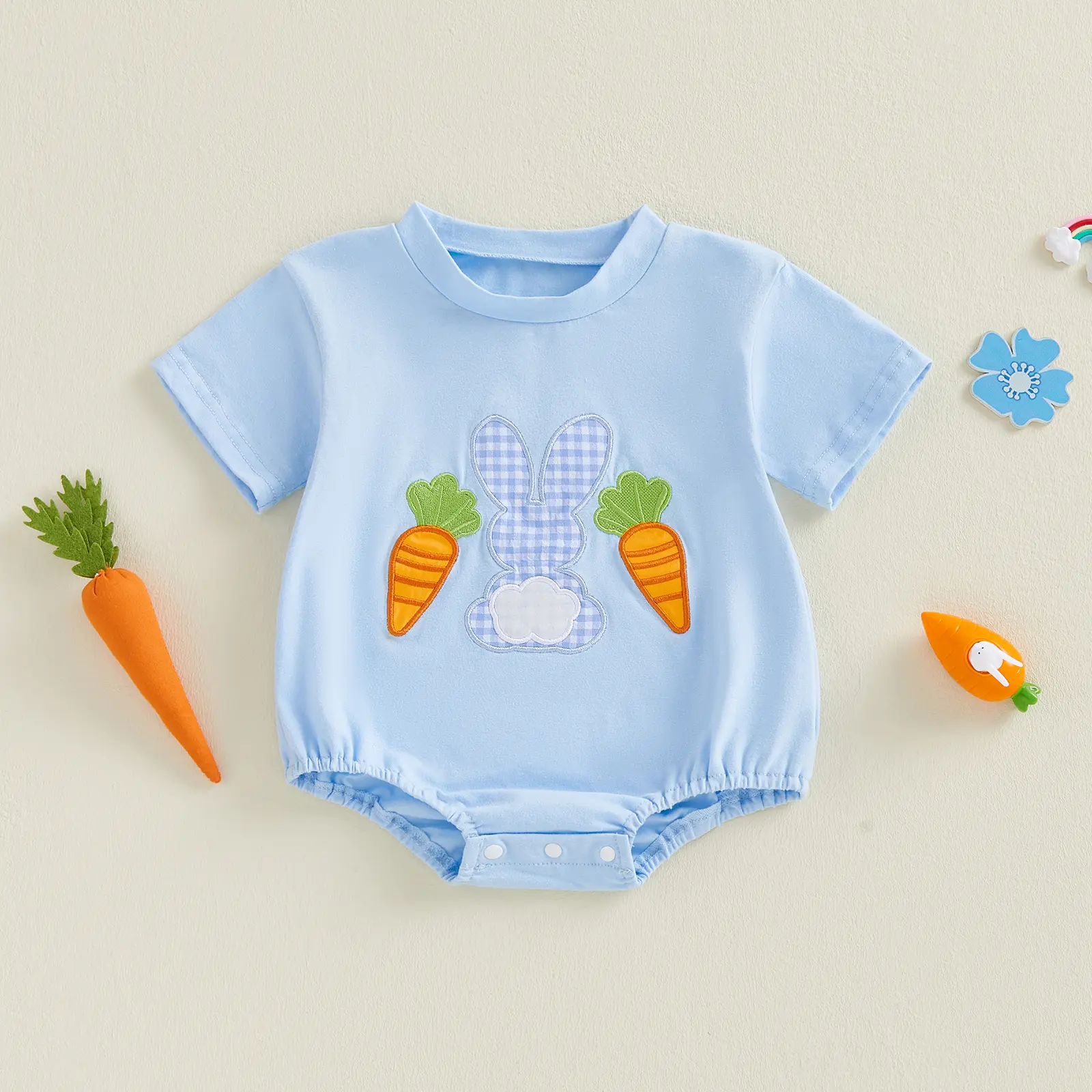 Infant Baby Boy Easter Romper Bunny Carrot Embroidered Short Sleeve Newborn Jumpsuit Spring Summer 0-18 Months