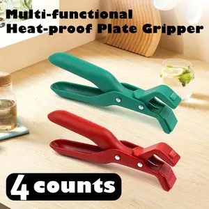 4pcs Multi-purpose Hot Plate Gripper Set, Non-slip Insulated Clips for Hot Dishes and Pots, Red with Handle Specialty Kitchen Utensils, Kitchen Gadgets