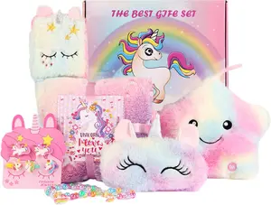 Gift Box for Girls Age 6-8, Unicorn Plush Toy Set with Glow in The Dark Blanket Light Up Star Pillow Eye Mask Crossbody Bag, Birthday Gifts for Daughter Niece