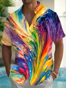Men's Hawaiian Tropical Vintage Abstract Gradient Art Print Button Short Sleeve Aloha Shirt, Casual Slim-Fitting Blouse, All over Print