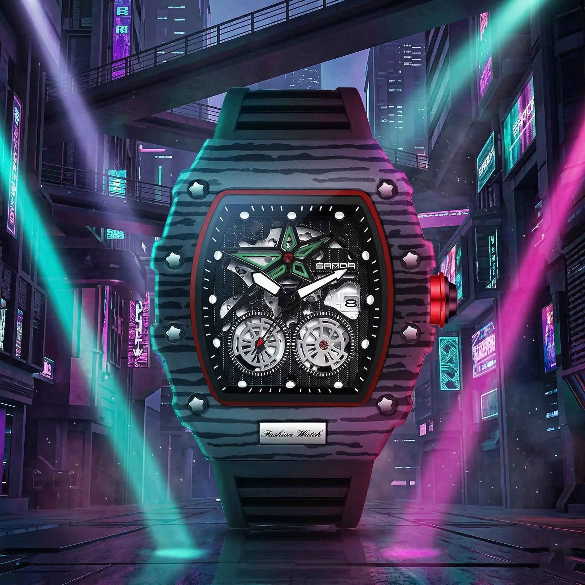 Men's Tonneau Watch Luxury Sport Silicone Band Wristwatch, Waterproof Skeleton Dial Analog Quartz Watches with Date Window, Luminous Hands, Unique Fashion Timepiece Gift for Men