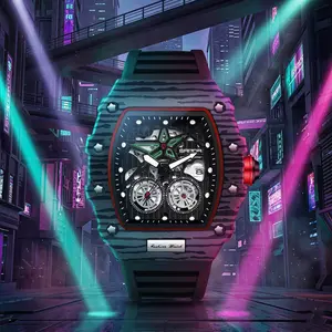 Men's Tonneau Watch Luxury Sport Silicone Band Wristwatch, Waterproof Skeleton Dial Analog Quartz Watches with Date Window, Luminous Hands, Unique Fashion Timepiece Gift for Men