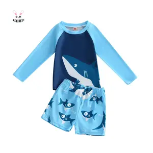 Outdoorfun Kids Boys 2 Pieces Swimwear Set Shark Print Crew Neck Long Sleeve Tops and Swim Trunks Swimsuit Bathing Suit