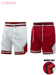 Men's Letter & Figure Print Drawstring Waist Gym Shorts, Casual Breathable Hollow Out Straight Leg Shorts for Daily Wear, Men's Bottoms for All Seasons