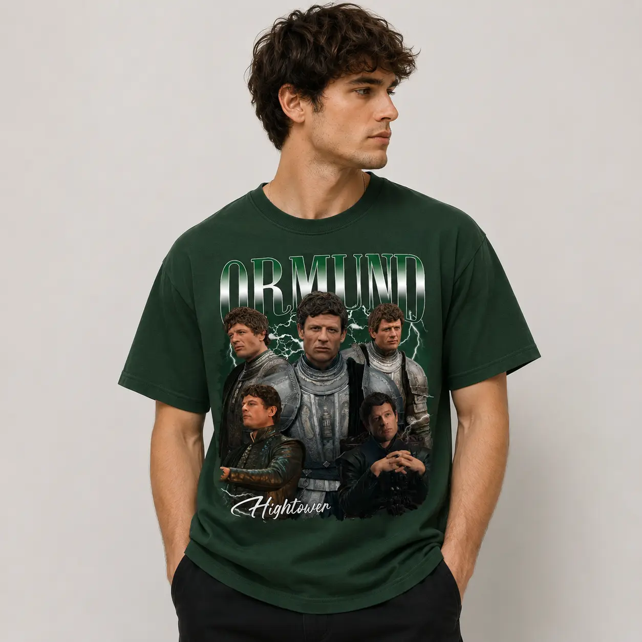 Women's House of the Dragon Lord Ormund Hightower Graphic Cotton T-Shirt - Seamless Hem, 90s Retro Bootleg Style, Casual Short-Sleeve Oversized Team Green Game of Thrones Fan Merch