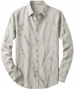 Men's 100% Cotton Garment Washed Long Sleeve Casual Spread Collar Shirt with Chest Pocket