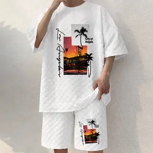 Men's Resort Graphic Print Spring And Summer Drawstring Shorts Set, A Casual Summer Outfit, Including A Short-Sleeved Shirt And Shorts, Suitable For Everyday Wear And Sports Activities.