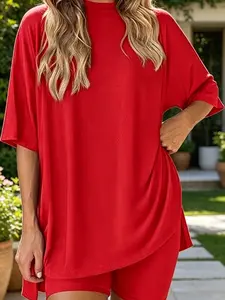 Crewneck Two-Piece Set For Women Summer Casual Oversized Split Hem Shirts & Side Pocket Biker Shorts Minimalist Lounge Wear Soft Viscose Fabric Comfy Homewear Cozy Pjs