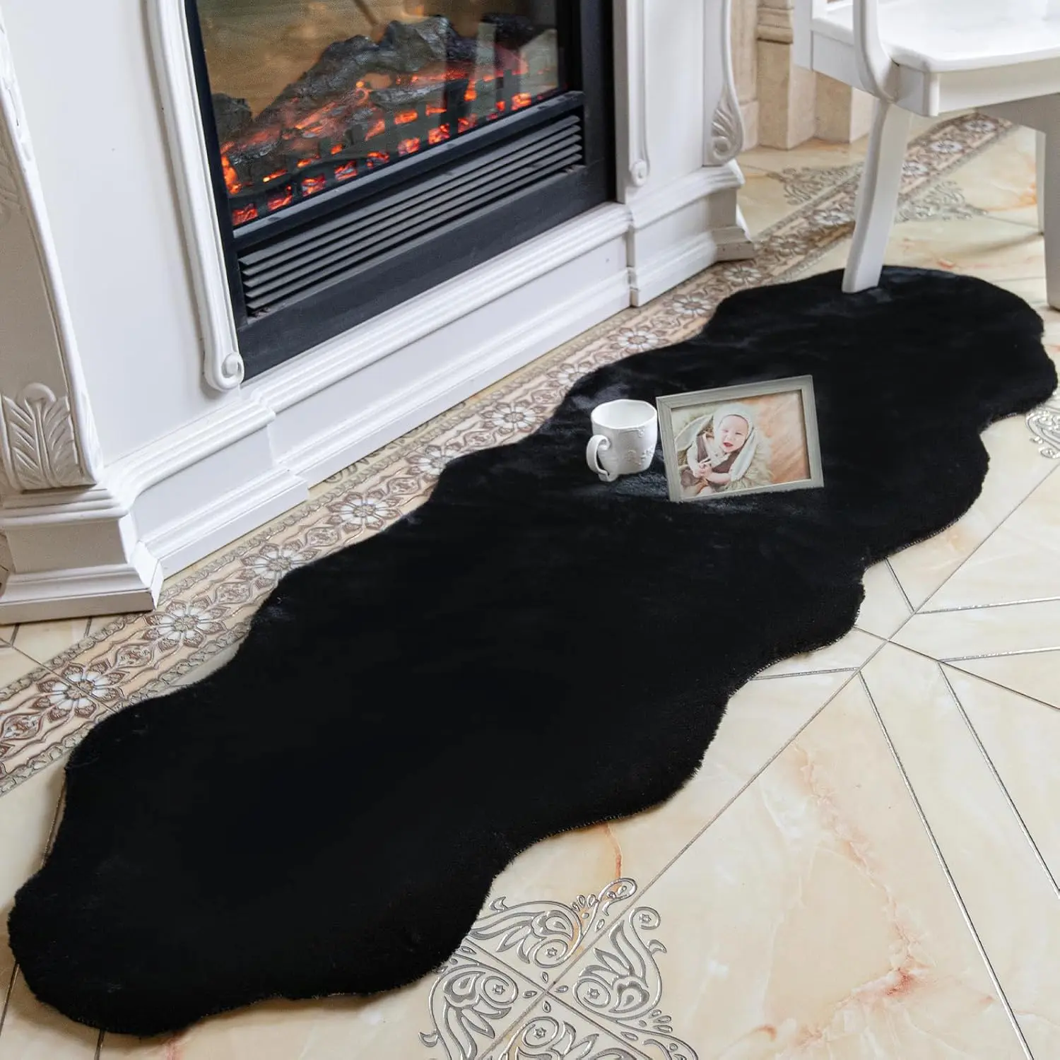 Fluffy Faux   Rug Runner 2'x6', Ultra Soft & Non-Slip Rugs for Bedroom, Living Room, , No Shedding Machine Washable Rug, Black, 2x6 Ft