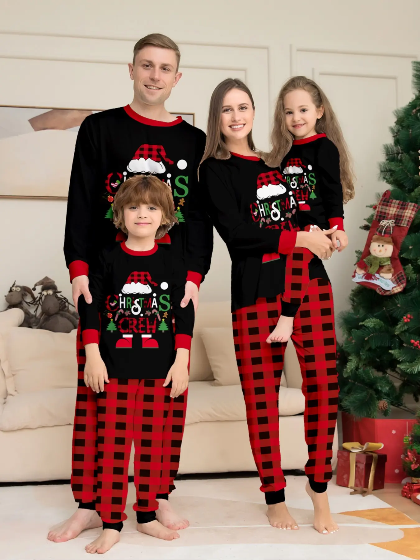 Christmas Family Set, 2-Piece Parent-Child Matching Clothes, Striped Plaid Pants, Cartoon Hat, Letter Print Top