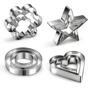12 count Professional Stainless Steel Cookie Cutters Set - Heart, Flower, Round,  Shapes Metal Biscuit , Essential Baking Tools for Dough Preparation