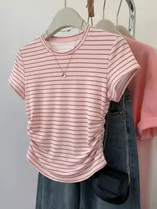 Women's Casual Round Neck Short Sleeve Striped Lightweight Fitted T-Shirt, Summer Fashion Top with Waist Pleats, Slimming Design, New Arrival