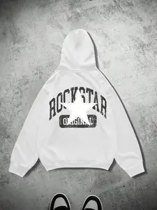 1 Unisex White Oversized Hoodie, Casual Streetwear Sweatshirt, Back "ROCKSTAR" & Star Graphic Print, Vintage Rock Design, Ideal for Casual Daily & Concert Outfits
