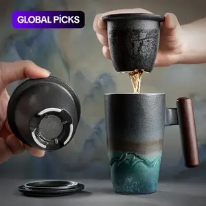 Ceramic Tea Cup Set, 1 Count Handmade Ceramic Coffee Cup with Filter, Creative Retro Cup, Traditional Tea Cup, Drinking Tea Cup, ceramic beverage cup, Drinkware for Home Office