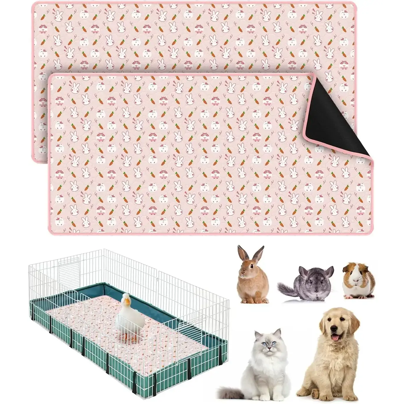 2 Pack 47.2x23.6in Washable Guinea Pig Cage Liners - Anti-Slip, Fast-Absorbent TPU Layer Reusable Pee Pads with Cotton Absorb Core, Mesh Compatible Bedding/Litter for Small Animal Habitats