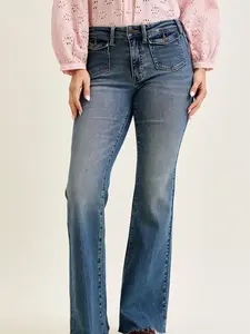Judy Blue Mid Rise Flare Jeans with Front Flap Pockets