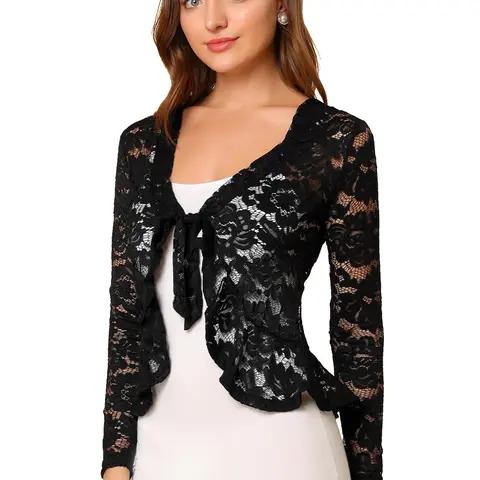 INSPIRE CHIC Floral Lace Shrug Tie Front Top Ruffled Hem Sheer Crop Bolero Cardigan