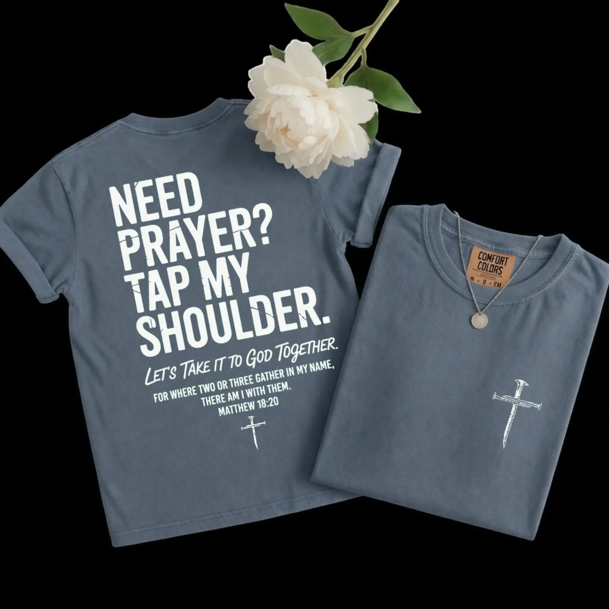 Women's Crew Neck Christian Graphic T-Shirt, Comfort Colors Tops with Digital Print - Matthew 18:20 Need Prayer Tap My Shoulder Faith Tee for All Seasons, Knit, Lightweight, Loose-Fitting, Machine Washable, Walked By Faith Slogan Women's T-Shirts, Pollove
