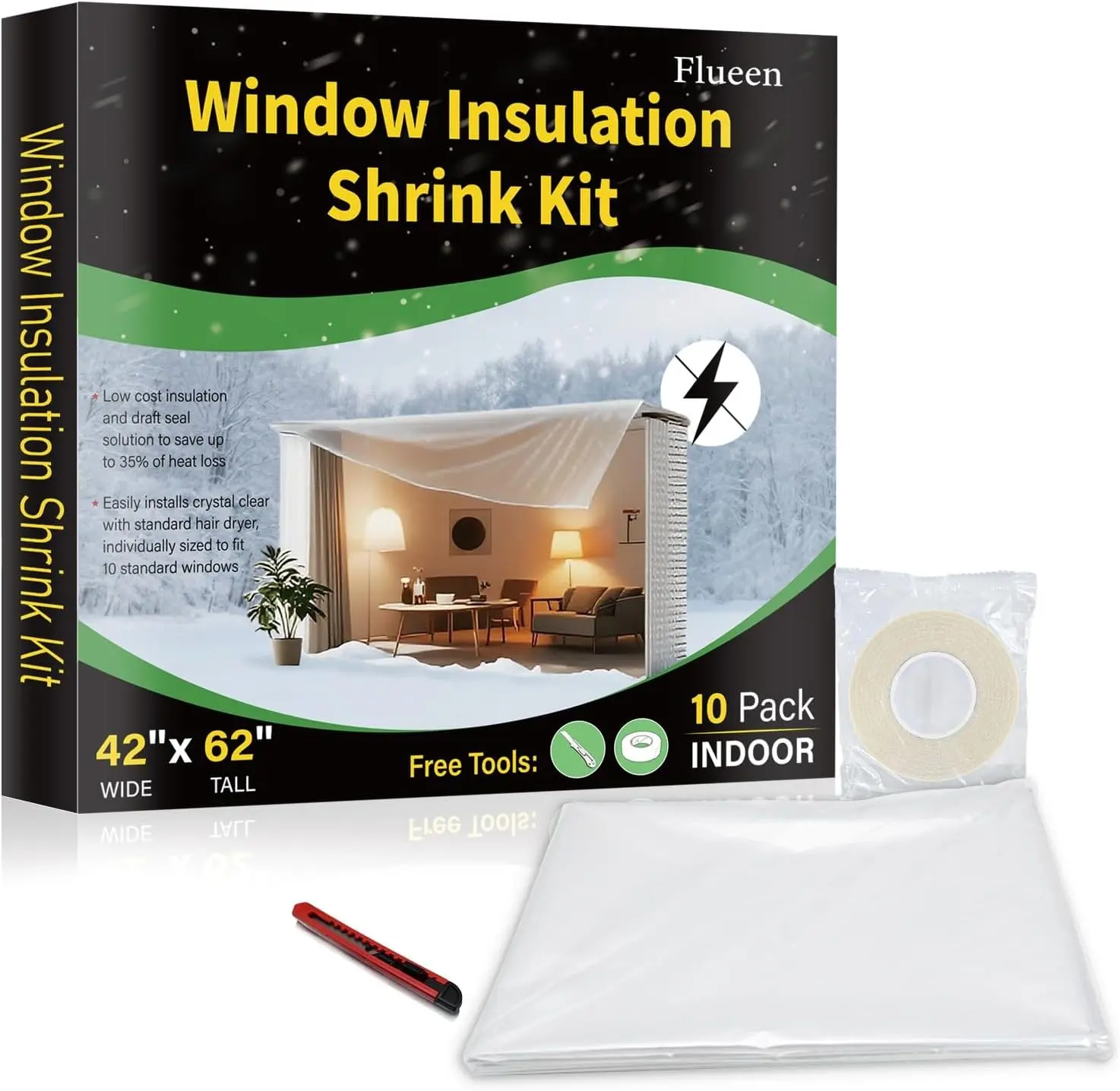 Window Insulation Kit for Winter,Plastic Shrink Film Indoor Thermal Seal to Block Drafts, Cold Air for Windows and Patio Doors，10-Pack（42"W x 62"T）