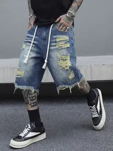 Men's Summer Deep Blue Washed Ink Splatter Ripped Fringe Denim Shorts, Loose Fit Straight Leg Hip Hop Streetwear Five-Quarter Pants