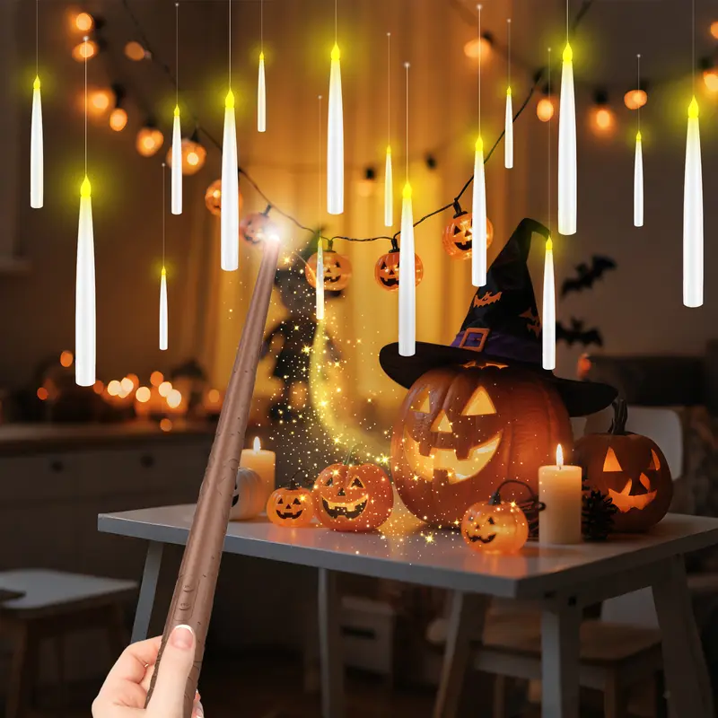 Round Kidsafe Flameless Floating LED Candles - Wand Remote Controlled, Battery Operated Lights with Fishing Line, Magical Whimsical Room Decor, Halloween Decorations, Home Decor Items, Holiday Gift