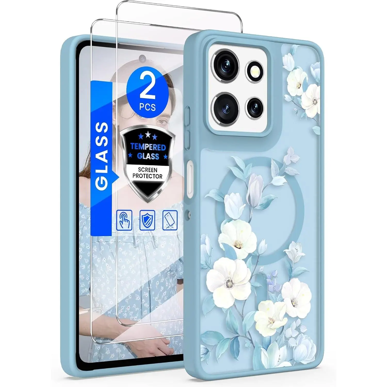 Motorola Moto G 5G 2026/G Play 2026 Floral Case with Screen Protector, Military Grade Magnetic Translucent Matte Girls Women Flower Pattern Protective Cover for Moto G 2025 (Blue)