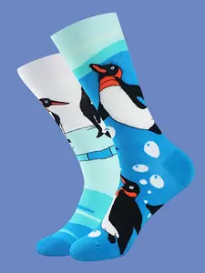 Unisex Polar Penguin Socks, Asymmetrical Mid-Calf Design, Cute Animal Pattern, Breathable Comfort, Fashion Casual Wear
