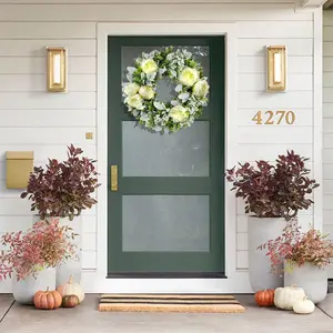 Spring and summer small peony flower wreaths for decoration, realistic moneyleaf peony flower door hangers at the front door, green plants for farmhouses, door and window realistic eucalyptus peony flower wreaths