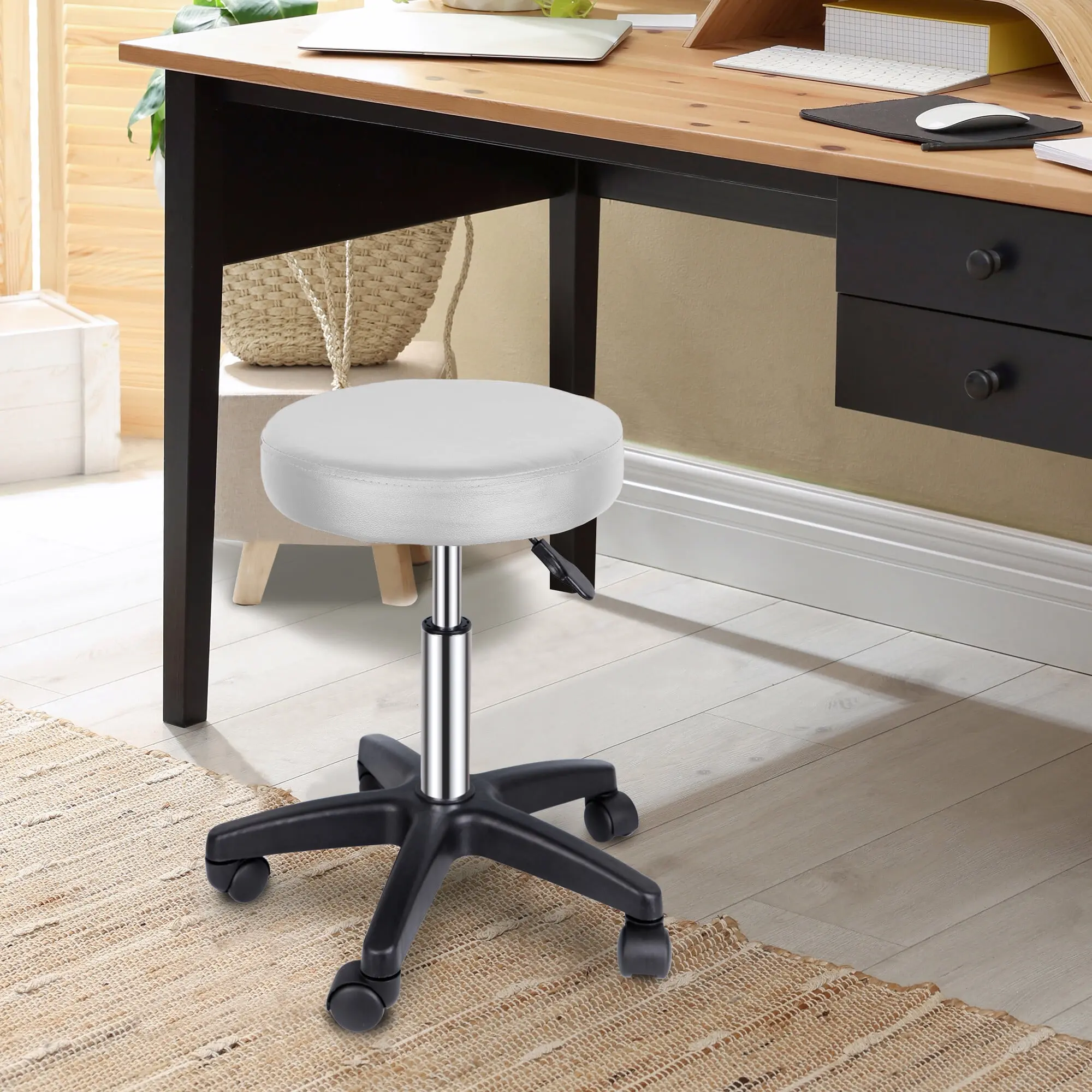 Zeny Adjustable Ergonomic Swivel Rolling Stool with Wheels - PU Leather Indoor Chair, Enhanced Seat Cushion, Easy Setup, White - Ideal for Vanity, Office Use, Tattoo Spa Applications, Adjustable Ergonomic Chair, Vanity Office Chair