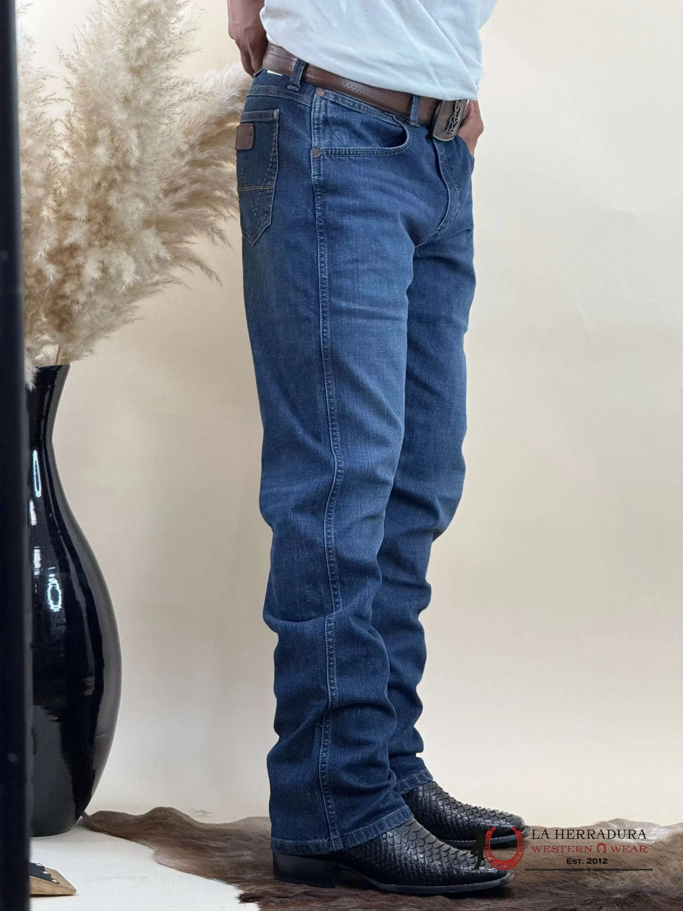 Wrangler Men's Slim Cut Mid-Stretch Fitted Low Waist Bootcut Jeans - Dark Blue, Durable Fabric, Style 88MWZ-112365303, Retro